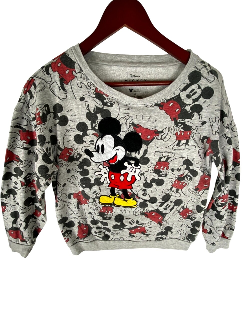 Disney Sweatshirt Womens Medium Gray Cotton Mickey Mouse All Over Print Pullover